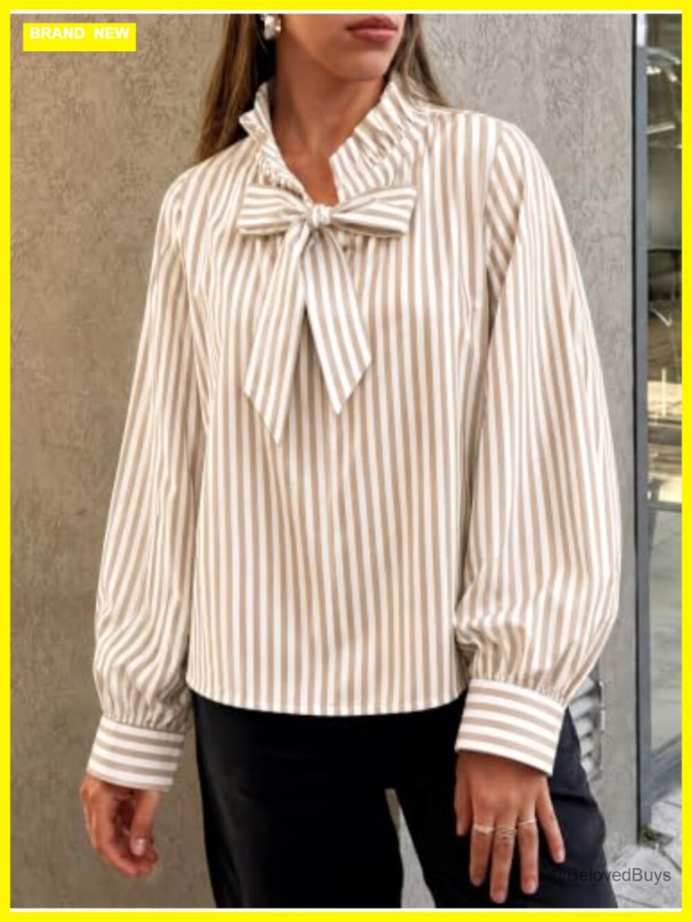 Cotton Striped Bow Tie Blouse Puff Long Sleeve Ruffle Women's Top - Picture 4 of 6